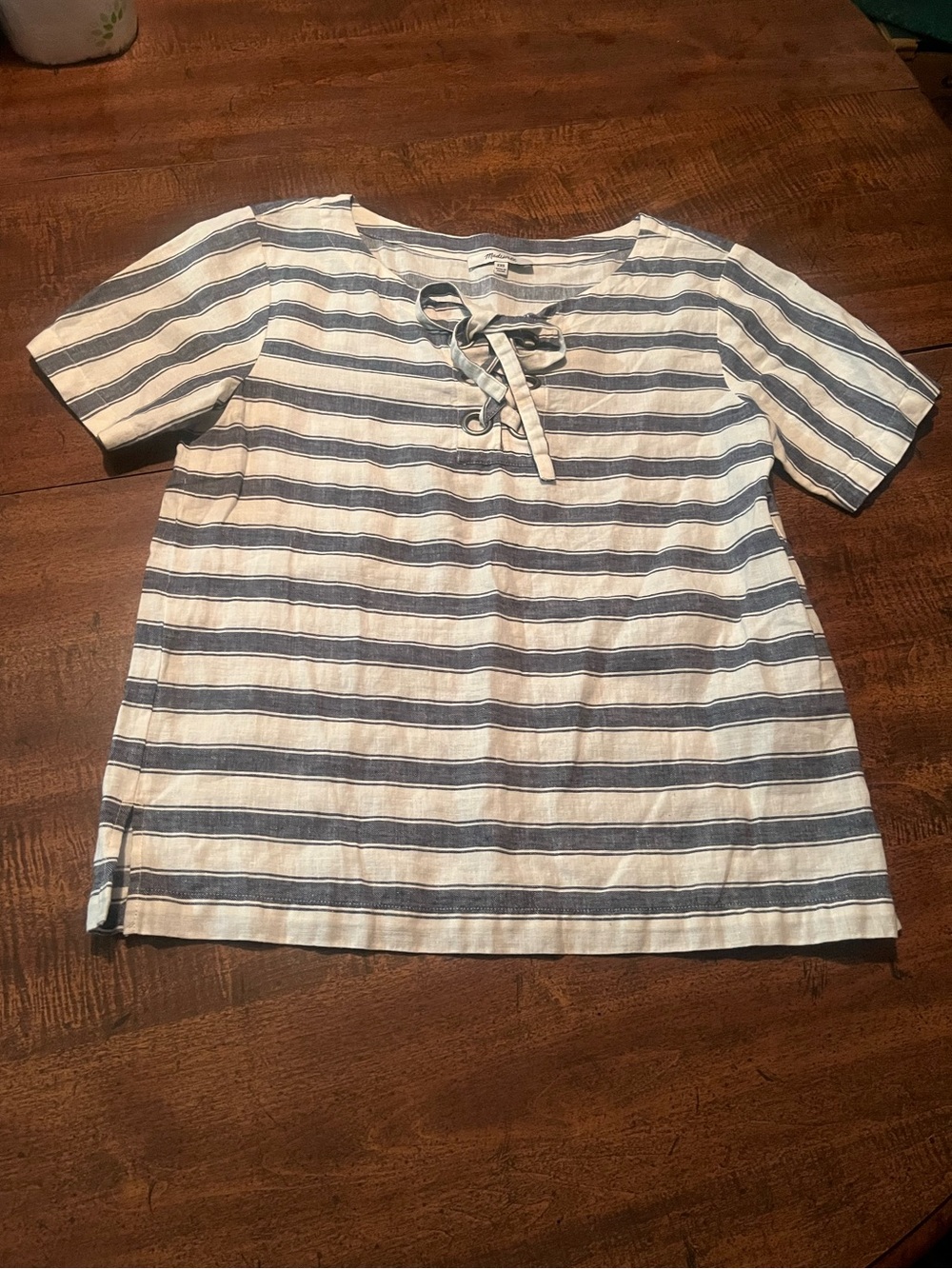Madewell XXS Women Linen Cotton Striped Lace Up Tee Blue White Lagenlook Coastal